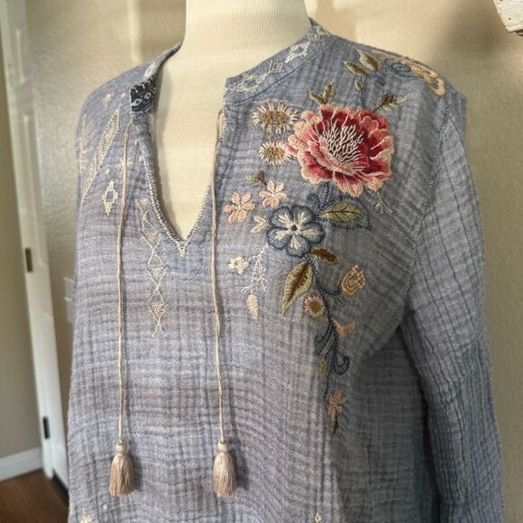 Johnny Was Womens Embroidered Umoya Effortless Scarf Back Blouse Blue Large - Picture 6 of 16